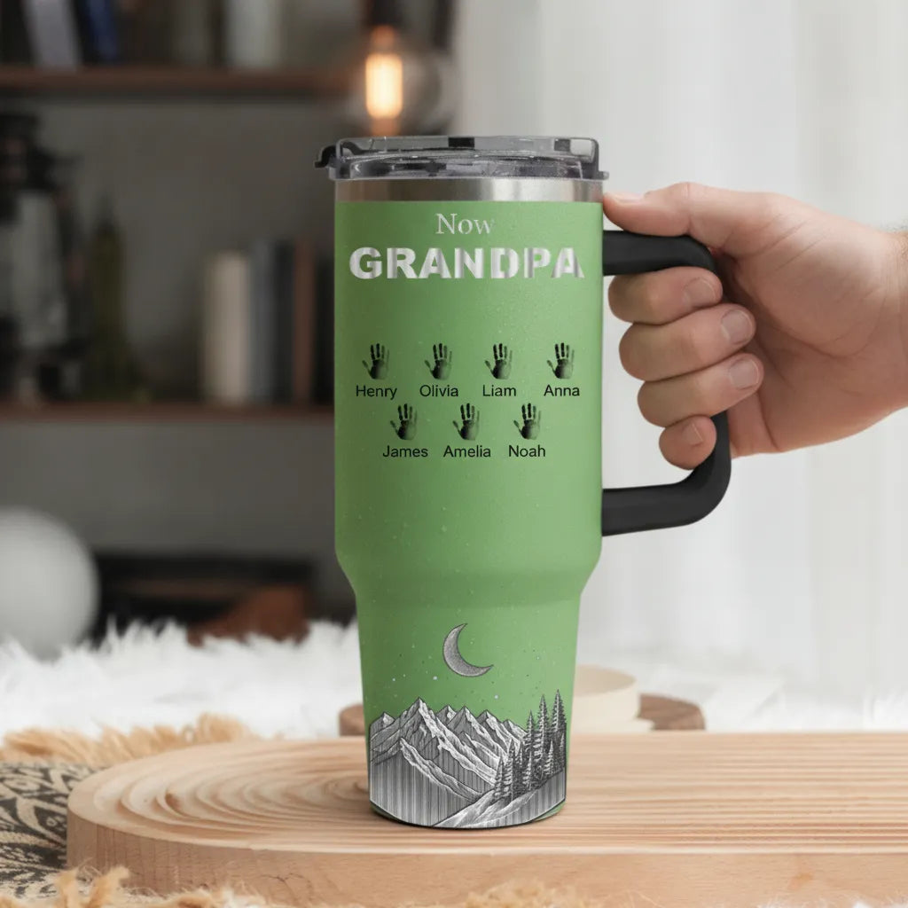 First Dad Now Grandpa Custom Hand Prints - Personalized Engraved 40oz Tumbler
