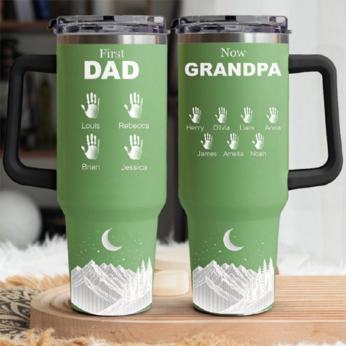 First Dad Now Grandpa Custom Hand Prints - Personalized Engraved 40oz Tumbler