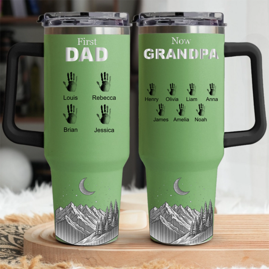 First Dad Now Grandpa Custom Hand Prints - Personalized Engraved 40oz Tumbler