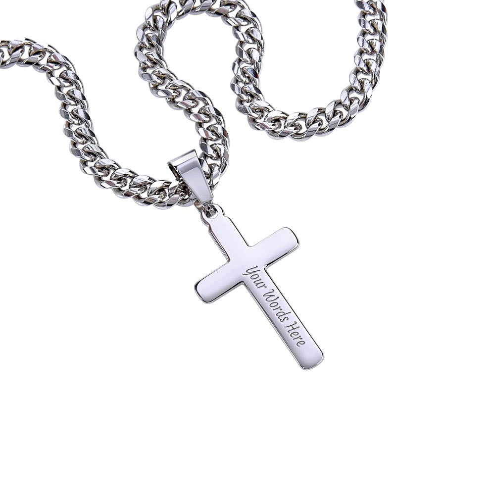 To My Future Husband - Our love is a Strong Tower - Personalized Steel Cross Necklace on Cuban Chain w/ MC