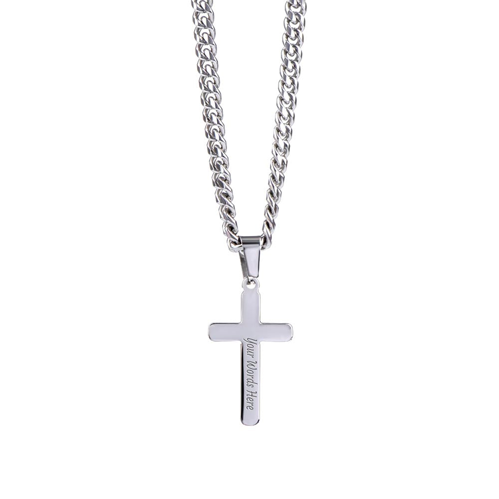 To My Future Husband - Our love is a Strong Tower - Personalized Steel Cross Necklace on Cuban Chain w/ MC