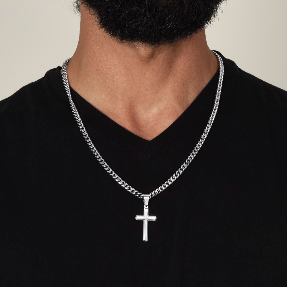 To My Future Husband - Your Touch of Love Sends Shivers of Love -Personalized Steel Cross Necklace on Cuban Chain w/ MC