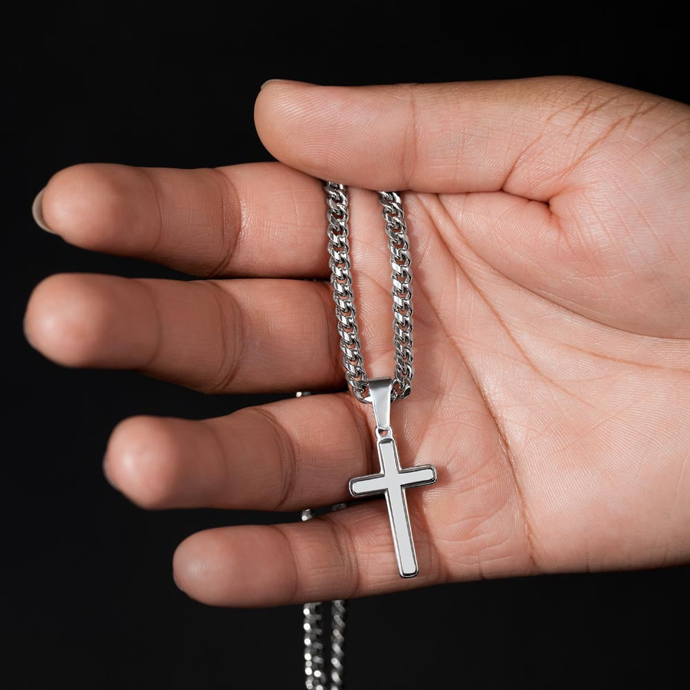 To My Future Husband - Our love is a Strong Tower - Personalized Steel Cross Necklace on Cuban Chain w/ MC